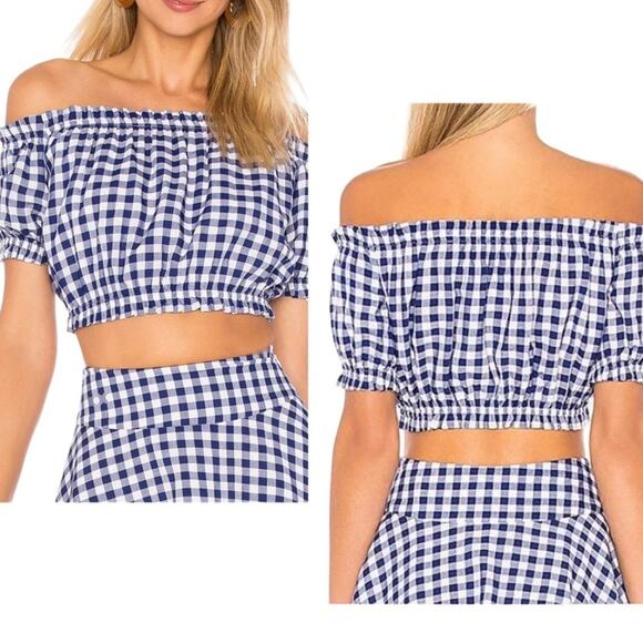 L'Academie Crop Top Small Cotton Checkered Gingham Off Shoulder Short Sleeve - Picture 1 of 7